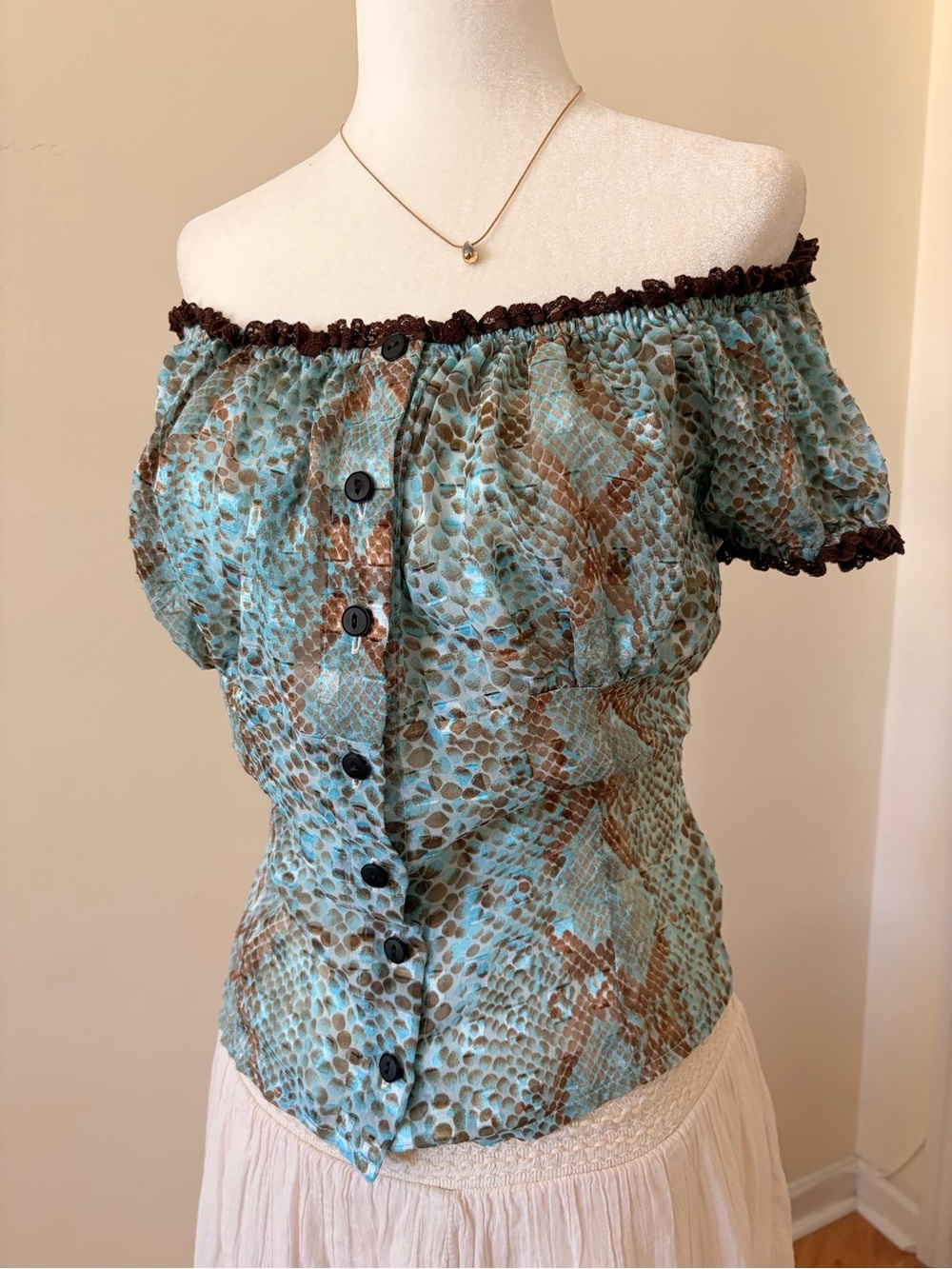 Vintage Peasant Snake Print Top in Turquoise - Picture 3 of 4